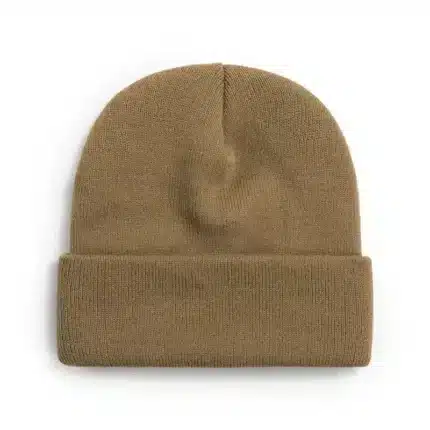 Earthy brown knit beanie with folded cuff against white background.