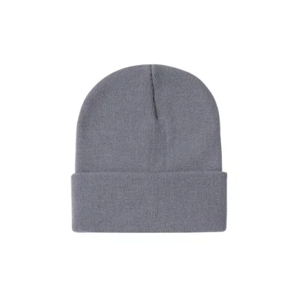 Gray knitted beanie hat with folded cuff on a white background.