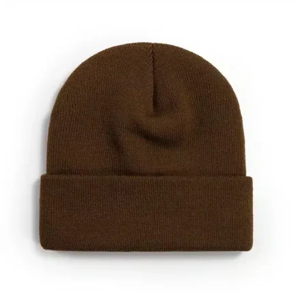 Brown knitted beanie with folded cuff on white background.