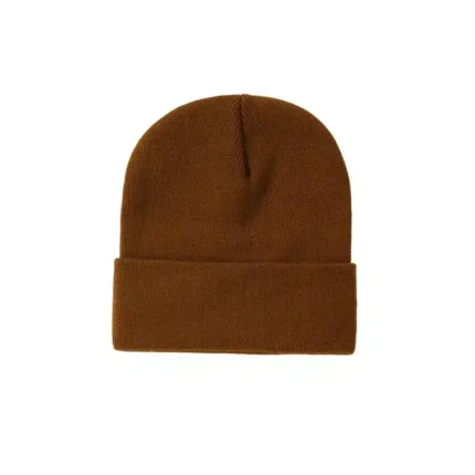 Brown knit beanie with fold-over cuff on white background.