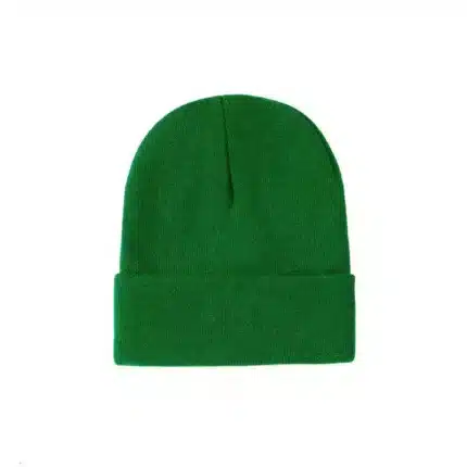 Bright green knitted beanie with ribbed pattern and folded cuff for warmth.