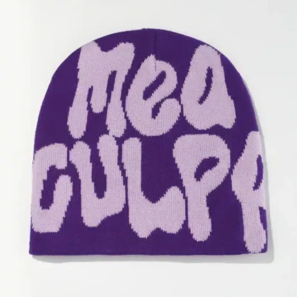 Purple knit beanie with MEA CULPA text in lilac.