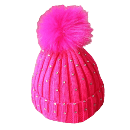 Pink knitted beanie with rhinestones and pom-pom on matching pink background.