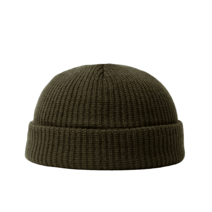 Knitted olive beanie hat with folded cuff on gradient background.