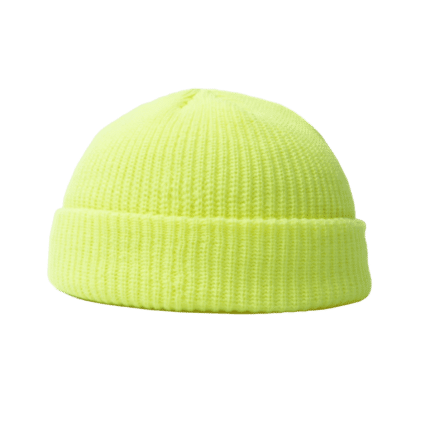 Bright yellow knitted beanie hat on matching background.