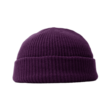 Purple knitted beanie hat with ribbed pattern on light purple background.