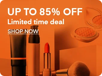 Cosmetics sale up to 85% off, shop now, orange background.