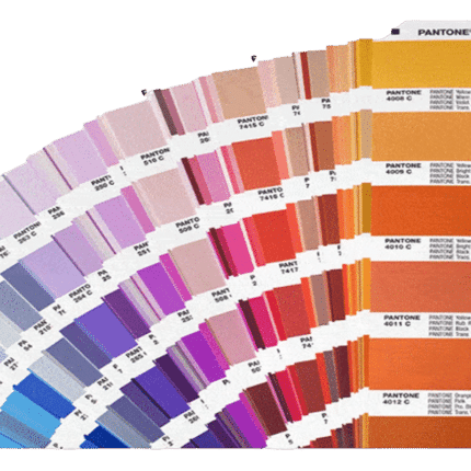 Pantone color swatches fan showcasing pinks, reds, purples, and oranges gradient.