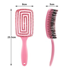 Pastel Pink Hairbrush with Dimensions, Ergonomic Handle, and Nodule-Tipped Bristles.